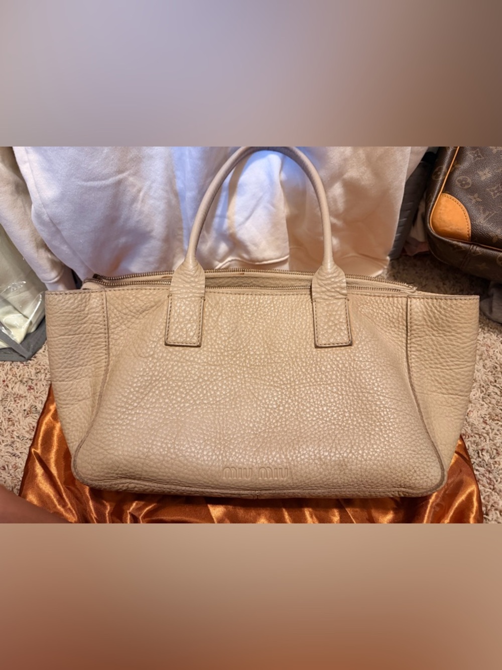 Project Authentic Miu Miu Pebbled Leather Satchel in Beige